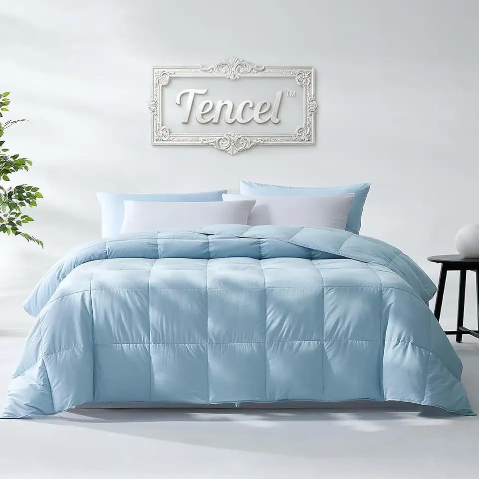 Pacific Coast Tencel Lyocell Down Fiber Comforter - Lightweight All Season Goose Down Fiber Duvet Insert, Breathable & Moisture Wicking, for Fall & Winter Heated Room, 8 Corner Tabs, Sky Blue, 90x90