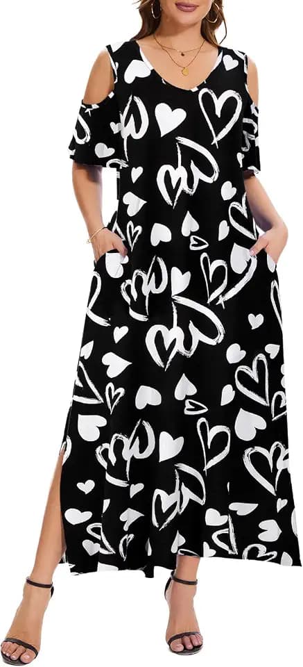 Plus Size Dresses for Women Summer V Neck Cold Shoulder Short Sleeve Split Long Beach Dresses with Pockets