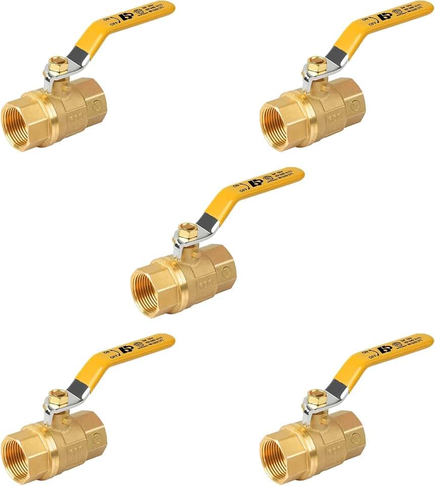 5 Pack Brass 3/4" Full Port Ball Valve with Yellow Vinyl Handle, NPT Female x Female Thread, 150 PSI WSP/600 WOG (3/4")