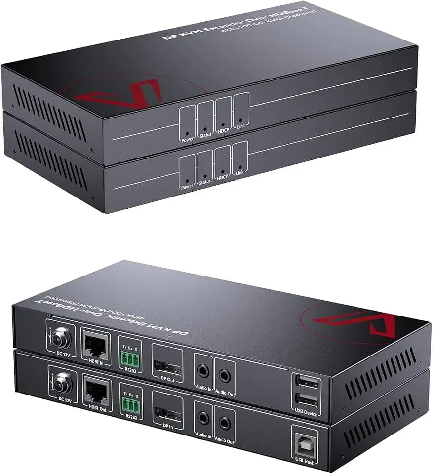 AV Access DisplayPort KVM Extender (HDBaseT) bis 100m, UHD 4K@30Hz DP KVM Extender, Bidirektionale RS232 und Einweg PoE, EDID Verwaltung, 2 Port USB 2.0, DP/Tastatur/Maus über Cat5e/6a Kabel
