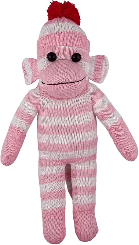 Traditional Sock Monkey Plush Toy Hand Knitted Stuffed Animal for Kids & Babies (16" Pink)