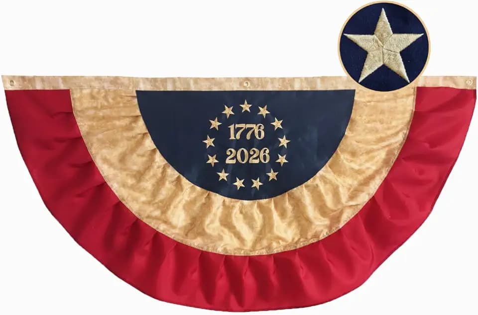 JRED 250 Anniversary American Bunting Flags 3x6 FT, 1776-2026 Tea-Stained Betsy Ross 13 Stars USA Pleated Fan Flags, Vintage Embroidered Stars 4th of July Decorations Banner