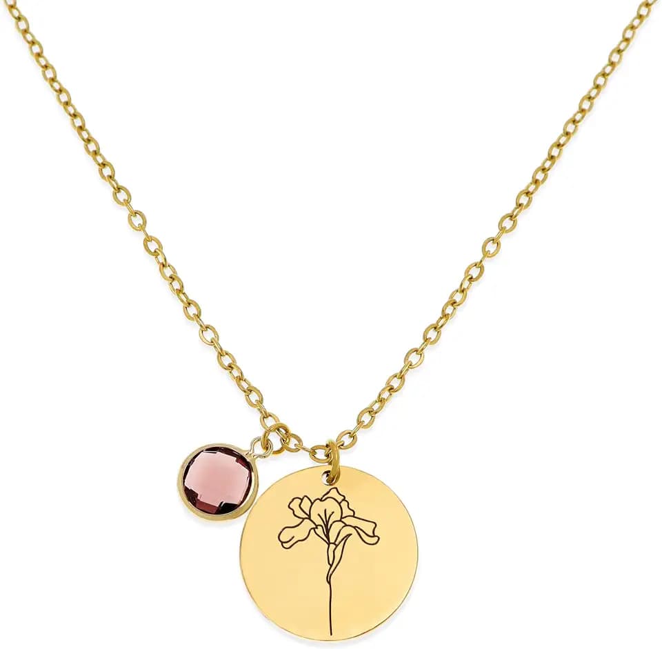Birth Flower Necklace for Women, Dainty Gold Plated Floral Coin Birthstone Pendant Necklaces Birthday Personalized Jewelry Gift