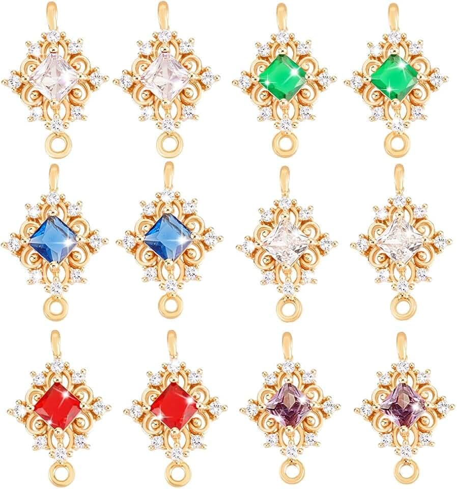 PH PandaHall 12pcs 6 Colors Cubic Zirconia Charms, Golden Rhombus Crystal Link Pendant 17mm Brass Rhinestone Charms Crystal Pendant Connecters for Necklace Bracelet Dangle Earrings Jewelry Making