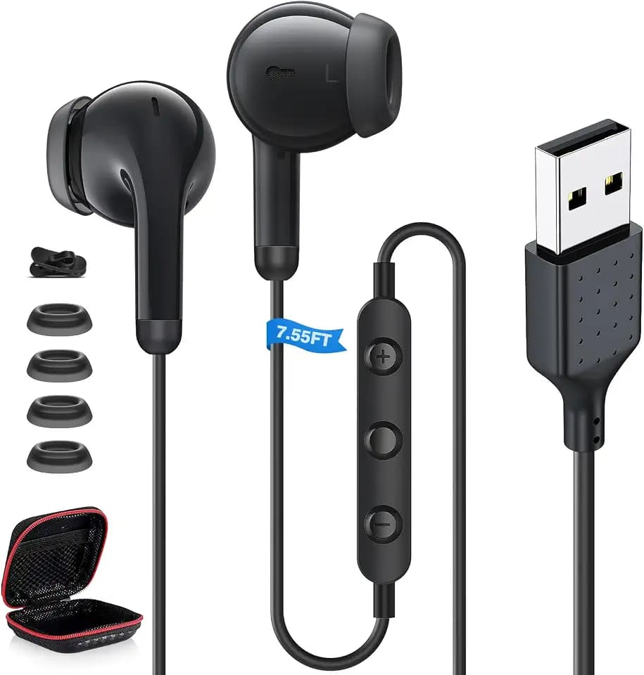 ASKUBSKU Wired Earbuds USB Headsets with Mic for PC 7.5FT Cable, Black