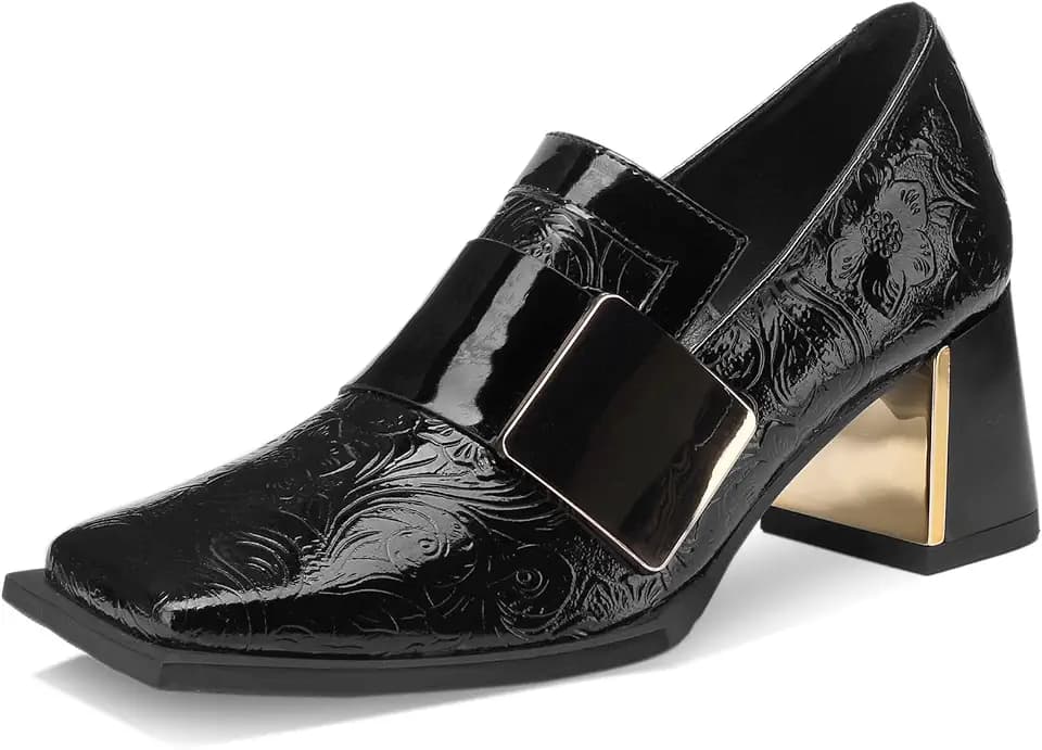 Loafers for Women Patent Leather Buckle Square Toe Chunky Block Dress Slip On Wide Casual Comfortable Dressy High Heels Ladies Comfort Moccasins Elegantes 2 Inch Shoes