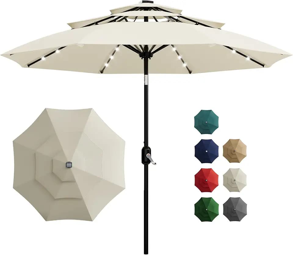 Garvee 10Ft 3-Tier Solar Patio Umbrella with LED Lights, Outdoor Table Umbrella with Vents, Easy Crank and Push Button Tilt, Market Umbrella with 8 Sturdy Ribs for Pool, Deck, Yard, Garden -Beige