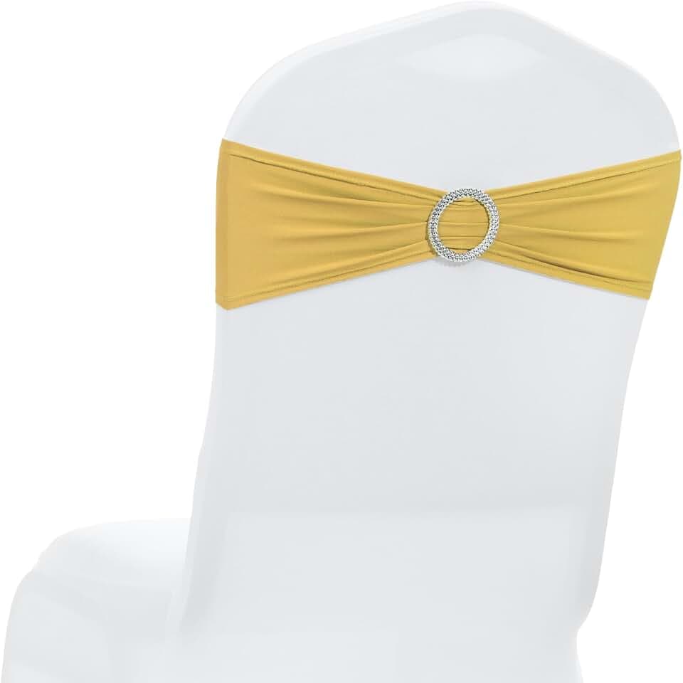 MDS® Set of 50 Spandex Chair Sashes with Slider Buckle for Wedding & Event Decoration, Reusable Stretch Chair Bows Bands for Banquet Chair Cover, Reception, Birthday Party (Gold)