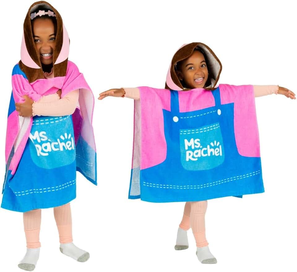 Ms. Rachel Kids Beach/Pool/Bath/Camping Hooded Towel Poncho 24" X 22", Absorbent Cotton Cover up, (Officially Licensed Product) by Franco