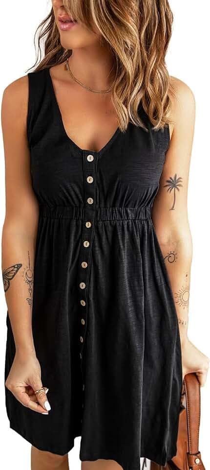 Acelitt Women Summer Casual Sleeveless Button Down Elastic Waist Swing Dresses, XS-2XL
