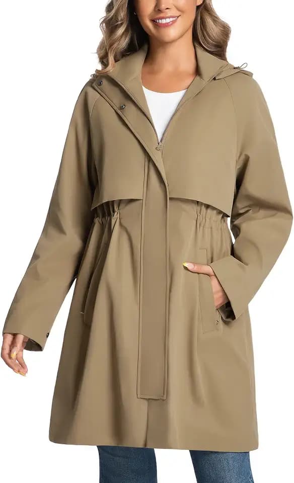 Womens Rain Jacket Drawstring Waist Trench Coat Detachable Hood Outdoor