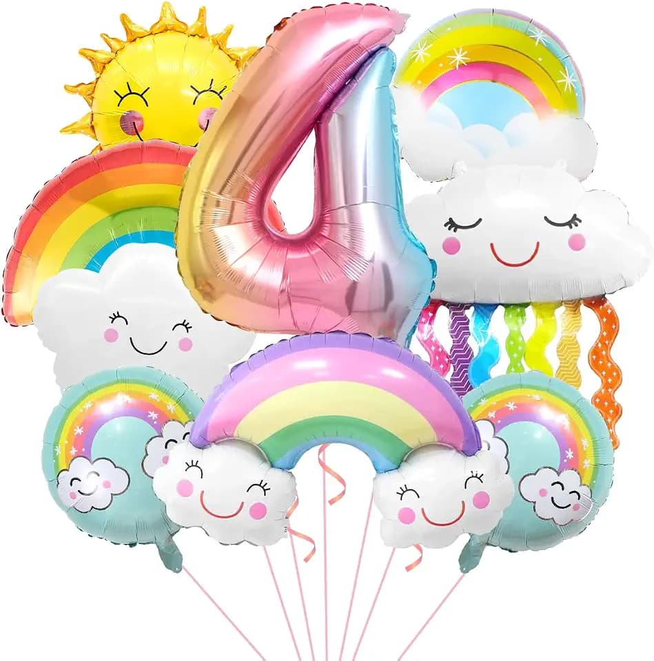Regenbogen Geburtstagsdeko 4, Folienballon Wolken, Zahl 4 Ballon, Luftballons Wolken Quasten, Helium Ballon Sonne, für Jungen Mädchen Geburtstag Party Dekoration
