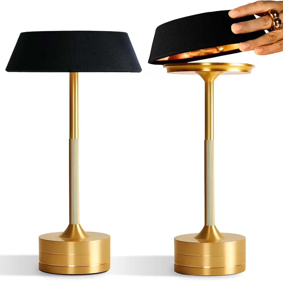 Rechargeable Table Lamp Set of 2 | LED Desk Lamp Cordless - Small Outdoor Table Lights | Dimmable Bedside Gold Lamp for Kitchen, Bathroom, Battery Powered