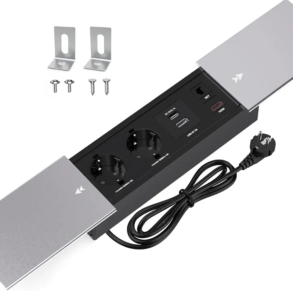 CHENGPI Tischsteckdose,Unterputz-Steckdose mit 2 Steckdosen+USB+Type C PD18W + HDMI TD Netzwerkschnittstelle,Aluminium Tischplatte Schiebedeckel Versenkte Steckdose Schwarz,1.8M Kabel