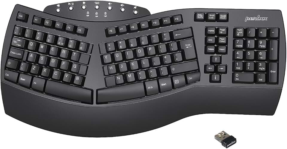 perixx PERIBOARD-612 Kabellose, ergonomische Split-Tastatur mit Dual-Modus 2,4 G und Bluetooth-Funktionen, kompatibel mit Windows 10 und Mac OS X System, Schwarz, UK-Layout