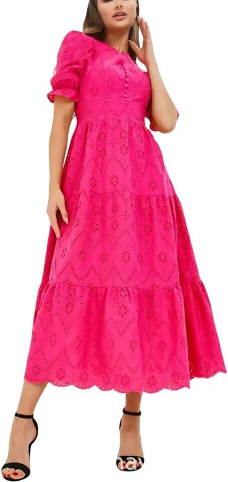 utcoco Womens Eyelet Lace Embroidered Dress Elegant V Neck Short Puff Sleeve Tiered A Line Midi Dresses