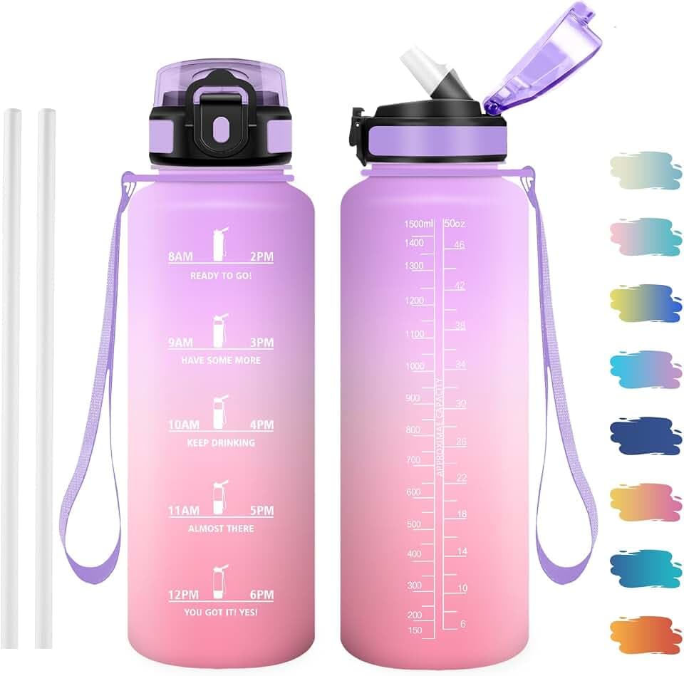 Trinkflasche 1.5L, Wasserflasche mit Strohhalm & Zeitmarkierung, BPA-frei, Sportflasche für Gym, Camping, Wandern, Fahrrad, Yoga, Sport
