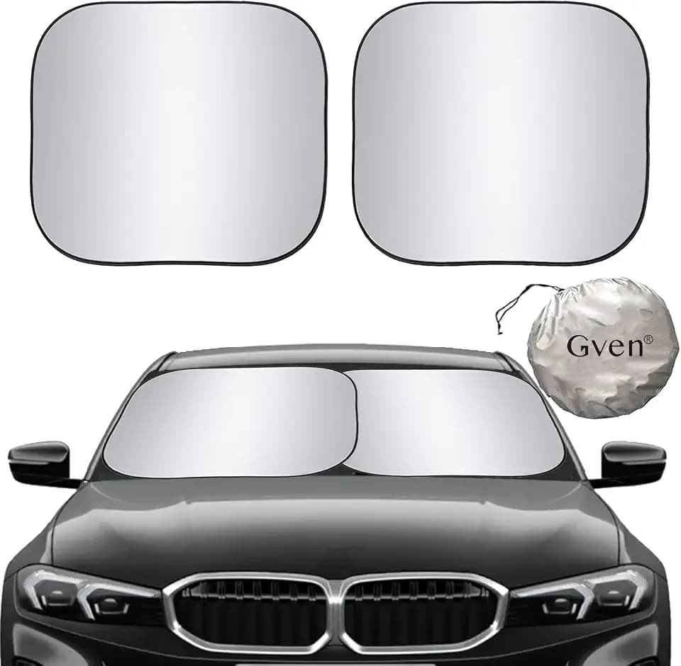 Gven Windshield Sun Shade 2pcs with Bonus Car Sunshade for Front Window Shades 2025 Technology Reflect UV and Heat Sun Visor Automotive Interior Sun Protection (Silver, M)