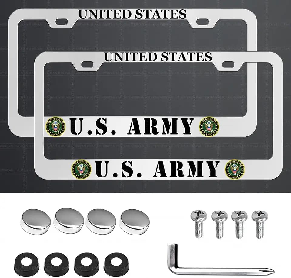 2Pcs Aluminum License Plate Frame for U.S. Army with Screw Caps, 2 Holes Silver Car Licenses Plate Covers Holders for United States Army
