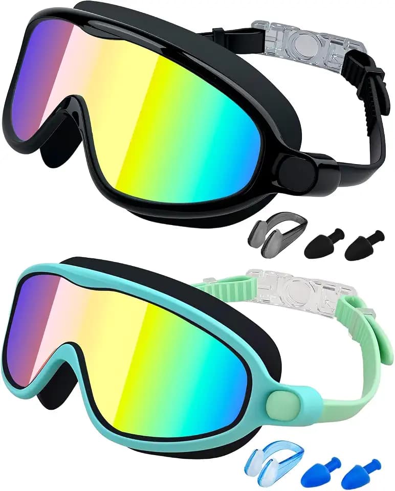 Swim Goggles 2 Pack, Wide View Anti Fog&UV Swimming Goggles for Audlt, No Leak Pool Beach Essentials for Men Women
