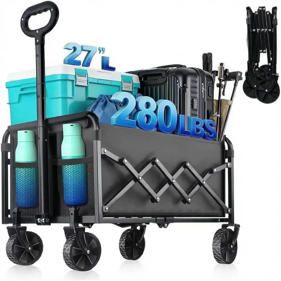 280LBS Small Collapsible Folding Wagon Cart Lightweight with 2 Cup Holders