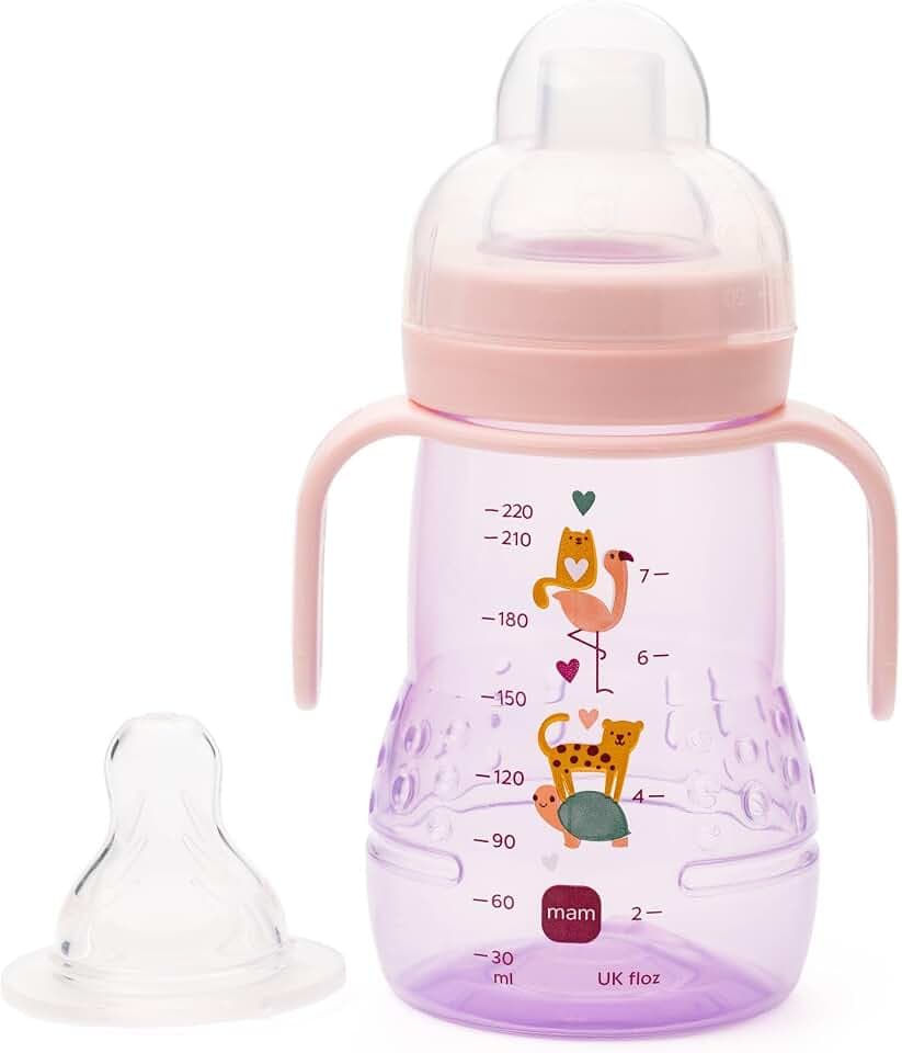 MAM Trainer+ 220ml, Baby Cup Suitable from 4+ Months, Trainer Cup for Independent Drinking, Spill-Free Toddler Cup, Pink (Designs May Vary)