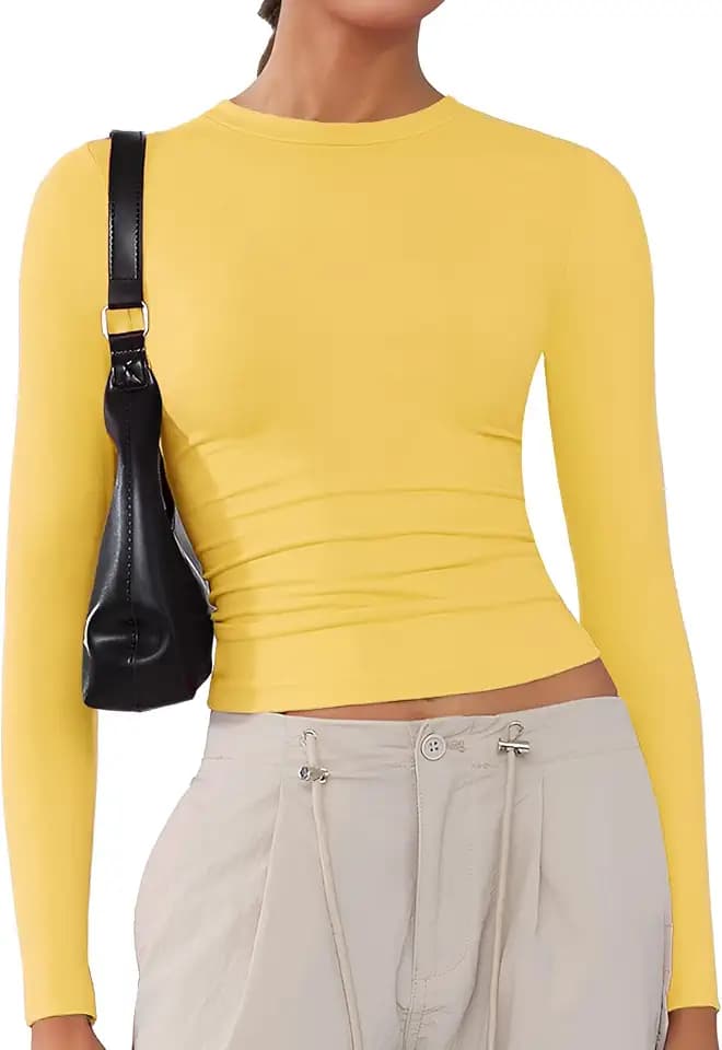 Langarmshirt Damen Tshirts Rundhals Elegant Langarm Oberteile Basic Eng Y2k Tee Tops Einfarbig Shirts XS-XXL