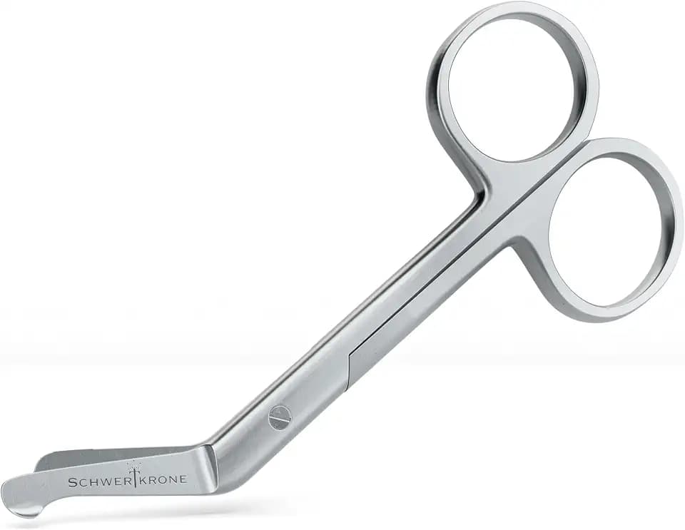 SCHWERTKRONE® Stoma Schere Mikroverzahnt [ROSTFREIER EDELSTAHL] - Gebogene Verbandsschere für Stomabeutel - Medizinische Kurvenschere für Stomaversorgung - Edelstahlschere für Rechtshänder