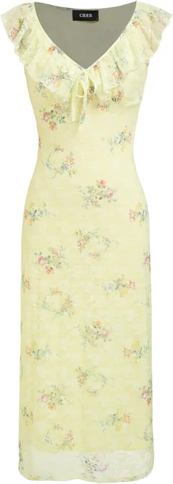 CIDER Women's Floral Wedding Guest Dress Ruffle Cocktail Dress Summer Fall