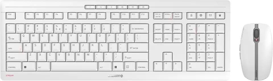CHERRY Stream Desktop Recharge, Kabelloses Tastatur-Maus-Set, EU-Layout (QWERTY), 2,4 GHz Funk, Leiser Tastenanschlag, Wiederaufladbar, Weiß-Grau