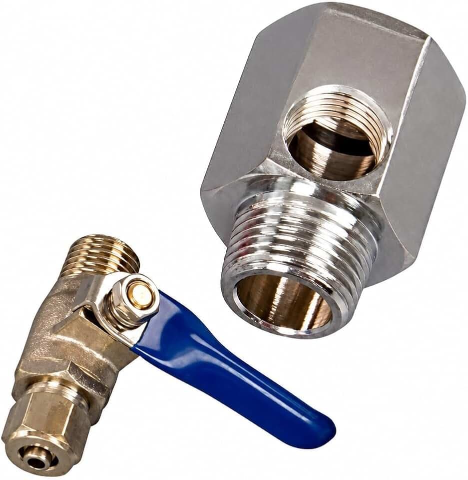 Wassereinlass 3/8 Einlass + 1/4 Gewindeschlüssel für Umkehrosmosegeräte. „T“-Buchse für Umkehrosmosegeräte zum Anschluss an einen 3/8-Schlauch und einen Wassereinlass mit einem 1/4-Auslass.