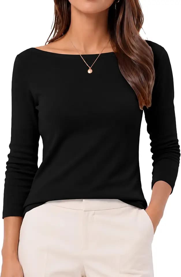 QUALFORT Womens Boat Neck 3/4 Sleeve T-Shirts Slim Fit