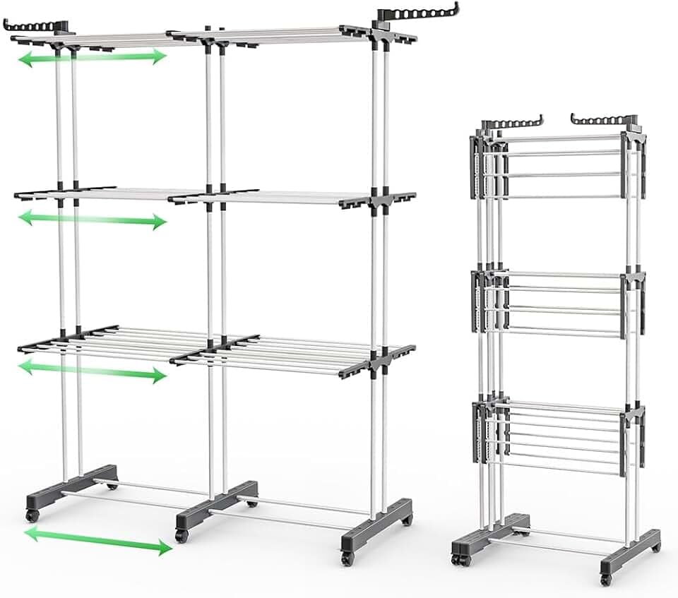VOUNOT® Wäscheständer Turm Ausziehbar, Platzsparender Turmwäscheständer für Innen & Außen, mit Faltbaren Flügeln, Teleskopstange und 6 Rollen, 40m Trockenlänge, 3 Ebenen, Weiß