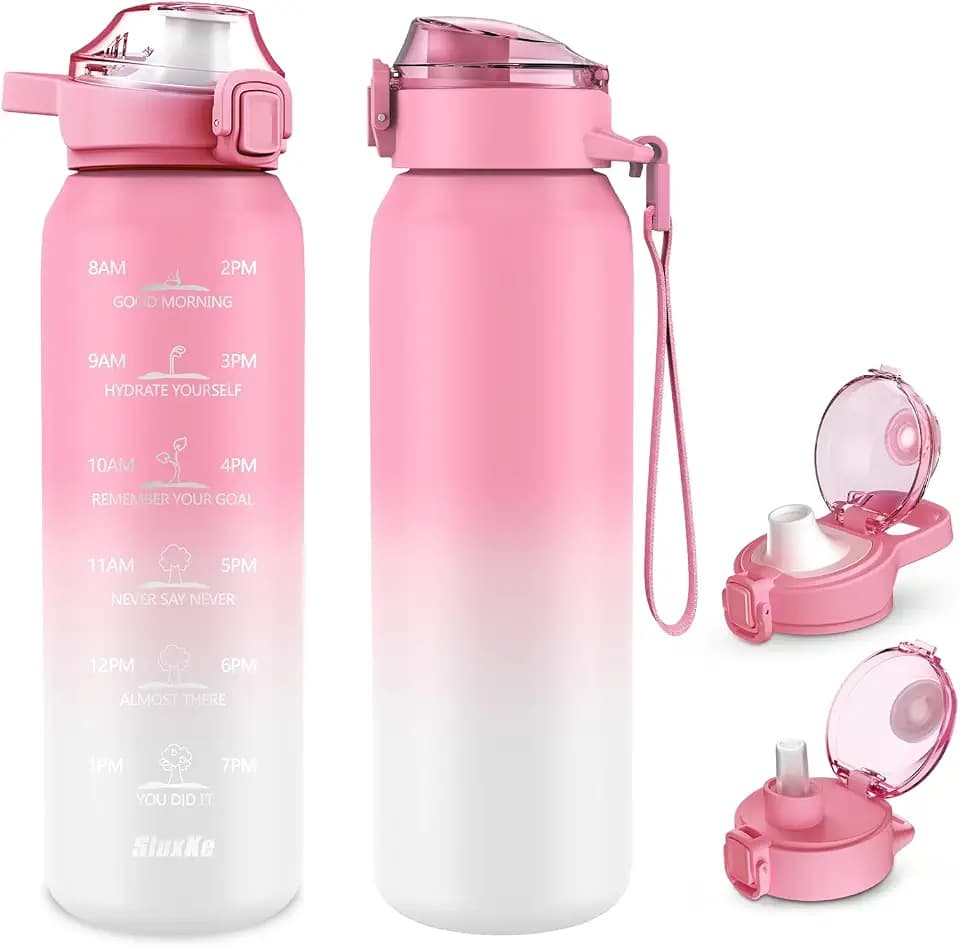 SLUXKE 32oz Insulated water bottle with 2 Lids (Straw and Chug Lid), 18/10 Stainless Steel Water Bottle BPA Free, Double Wall Vacuum Wide Mouth Insulated Water Bottle for Men, Women & Kids PINK WHITE