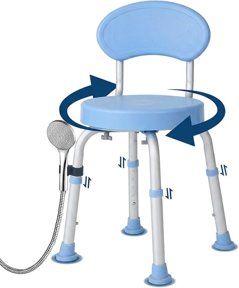 Garvee 360° Swivel Shower Chair with Backrest, Non-Slip Bathtub Chair, Height Adjustable Bath Seat for Elderly, Seniors and Disabled, Compact Shower Bench for Inside Tub or Shower, Blue
