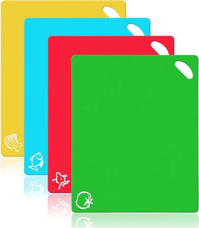Vicloon Schneidebrett, 4-er Set Farbe Kunststoff-Schneidebrett mit Lebensmittel-Icons & Easy-Grip-Griffe, Antibakteriell, rutschfest, Spülmaschinenfestes, für Fisch/Gemüse/Obst/Fleisch/Brot