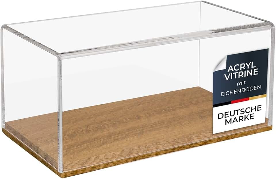 HMF 46873 Acryl Vitrine mit Holzsockel, Schaukasten für Modellautos | 30 x 15 x 14 cm | Transparent