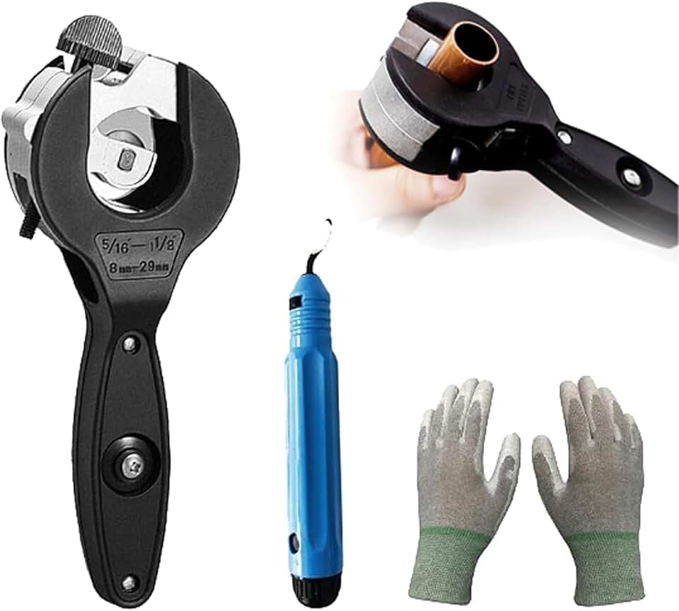 Ratchet Tubing Cutter, Tube Cutter 5/16"-1-1/8" Compact 2-in-1 Pipe Cutter for Narrow Spaces, PVC/Cu/Copper Pipe Cutter, Comes with Gloves and Deburring Knife