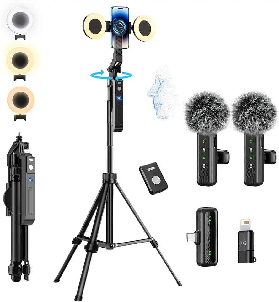 yAyusi Vlogging-Kit, YouTube-Starter-Kit, 180cm 360° Drehung Auto Face Tracking Handy Stativ für iPhone mit Licht, Kabellosem Mikrofon/Fernbedienung,Basic-Starter-Kit für Content-Ersteller für YouTube