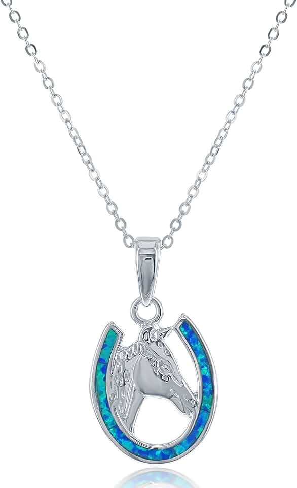 Created Blue Opal Horse, Frog, Tree of Life, Flower Necklace for Women - 925 Sterling Silver Pendant, 18 Inch Chain - Animal and Symbolic Jewelry Gift Collection