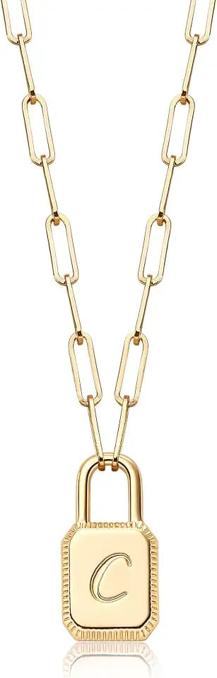 MTMY Lock Initial Necklace 14K Gold Plated Adjustable Paperclip Chain Dainty Lock Pendant Necklace Personalized Engraved Letter Jewelry for Women
