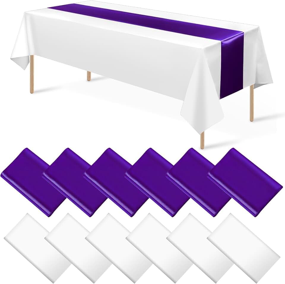 12Pack 12x108 Inch Satin Table Runner and 54x108Inch Plastic Tablecloths Set White Purple Disposable Rectangle Table Cover for Graduation Wedding Bridal Shower Anniversary Birthday Party Decorations