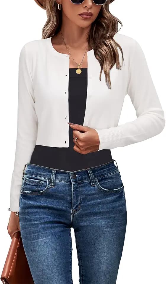 Newshows Cropped Cardigan Sweaters For Women 2026 Crew Neck Button Down Open Front Knit Bolero Shrugs
