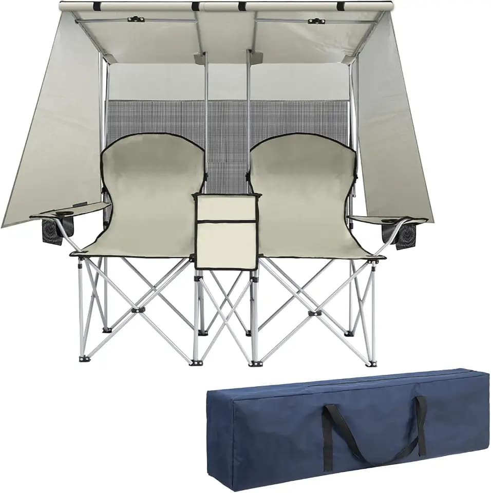 ptlsy Folding Double Camping Chair with Canopy Shade for Beach Lawn (White)