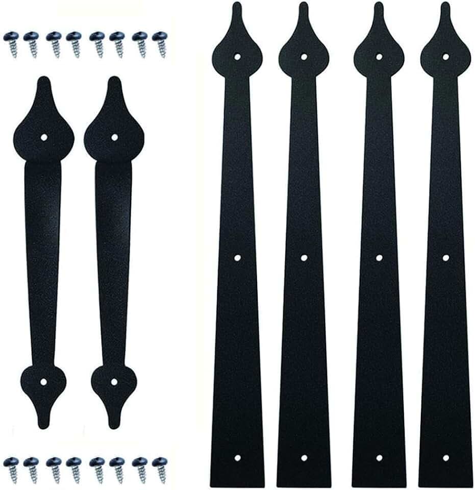 Decorative Garage Hinge 4 Hings and 2 Handles, Rustic, Carbon Steel, Powder Coated, Matte, Black