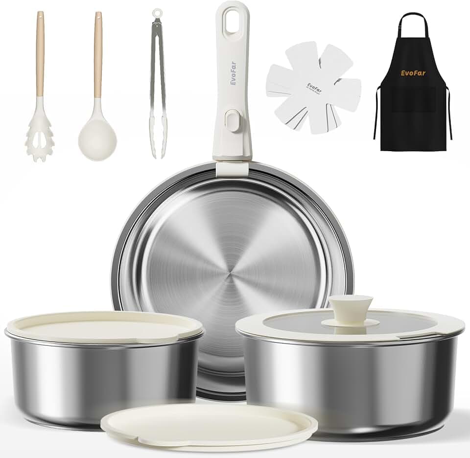 14 pcs Stainless Steel Cookware Set, Detachable Pots and Pans Set with Removable Handle, Non Toxic Space Saving RV Camping Cookware Set, Induction Cookware, Dishwasher & Oven Safe