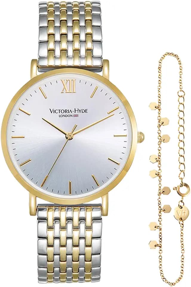 VICTORIA HYDE Damen Uhren Gold Analog Quarz Damenuhr Edelstahl Wasserdicht Armbanduhr Set mit Armreif