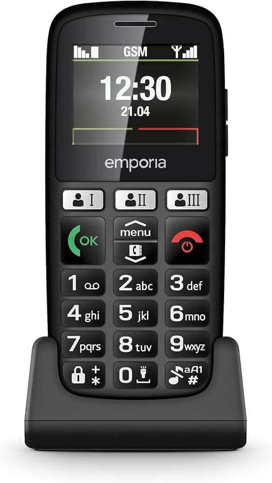 Emporia Happy Handy für Senioren, robust und hochwertig, hohe Lautstärke, Farbdisplay, Bluetooth, 3 Schnellanruftasten, große Tasten beleuchtet, Ladestation, Schwarz (Italien)