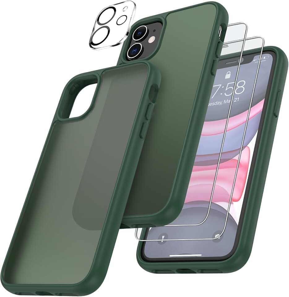 FLLAO 4 in 1 Hülle für iPhone 11 mit 2 Stück Schutzfolie und 1 Kameraschutz, [Militärischer Schutz] Matt Durchscheinende Rückseite Anti-Fingerabdruck Schutzhülle Case, Dunkelgrün