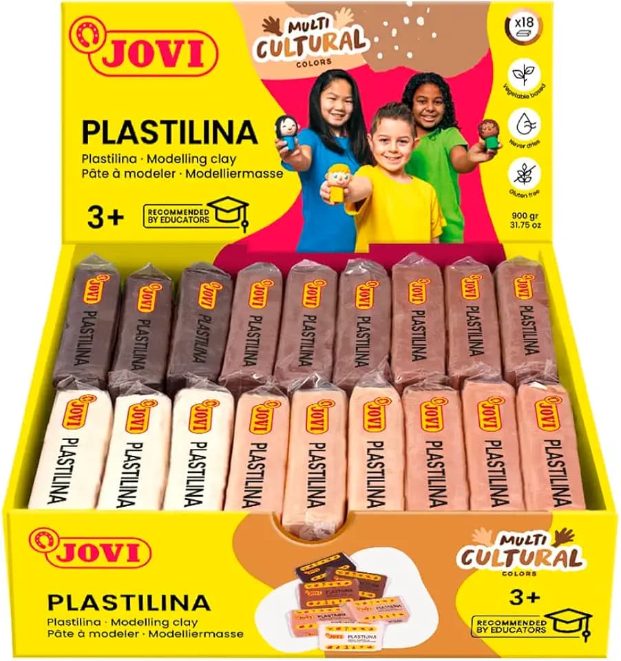 Jovi Plastilin, leicht formbare Modelliermasse für Kinder ab 2 Jahren, 18 Stangen je 50g, Multikulturelle Farben